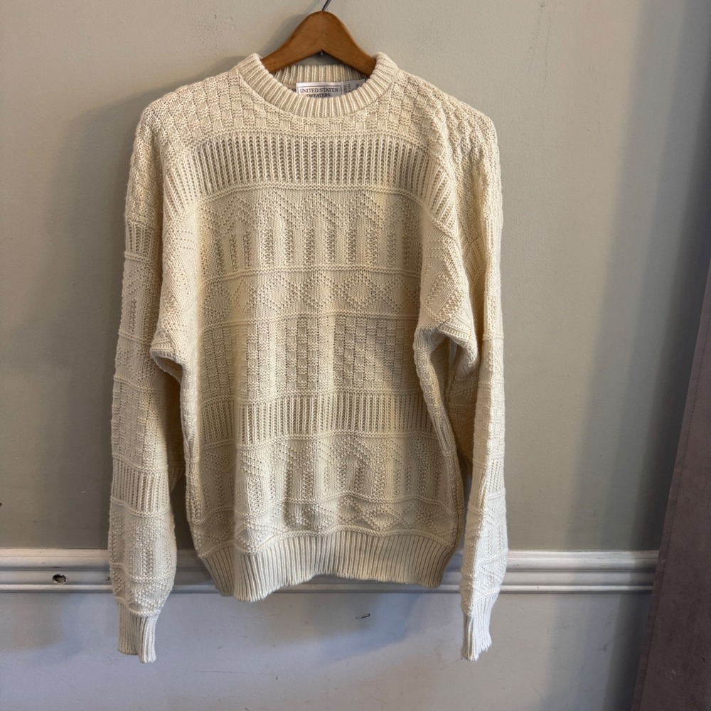 90's Vintage United States Sweaters Mens L Cream Knit Crewneck Sweater Made USA